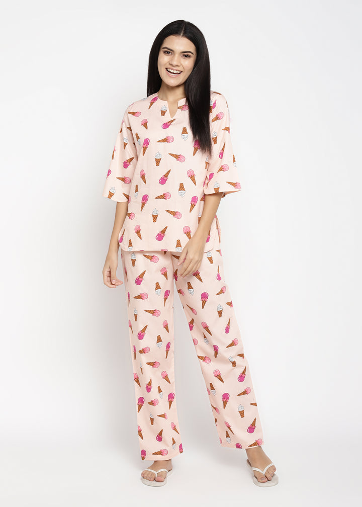 Ice Cream You Scream Print V Neck Women's Night Suit - Shopbloom