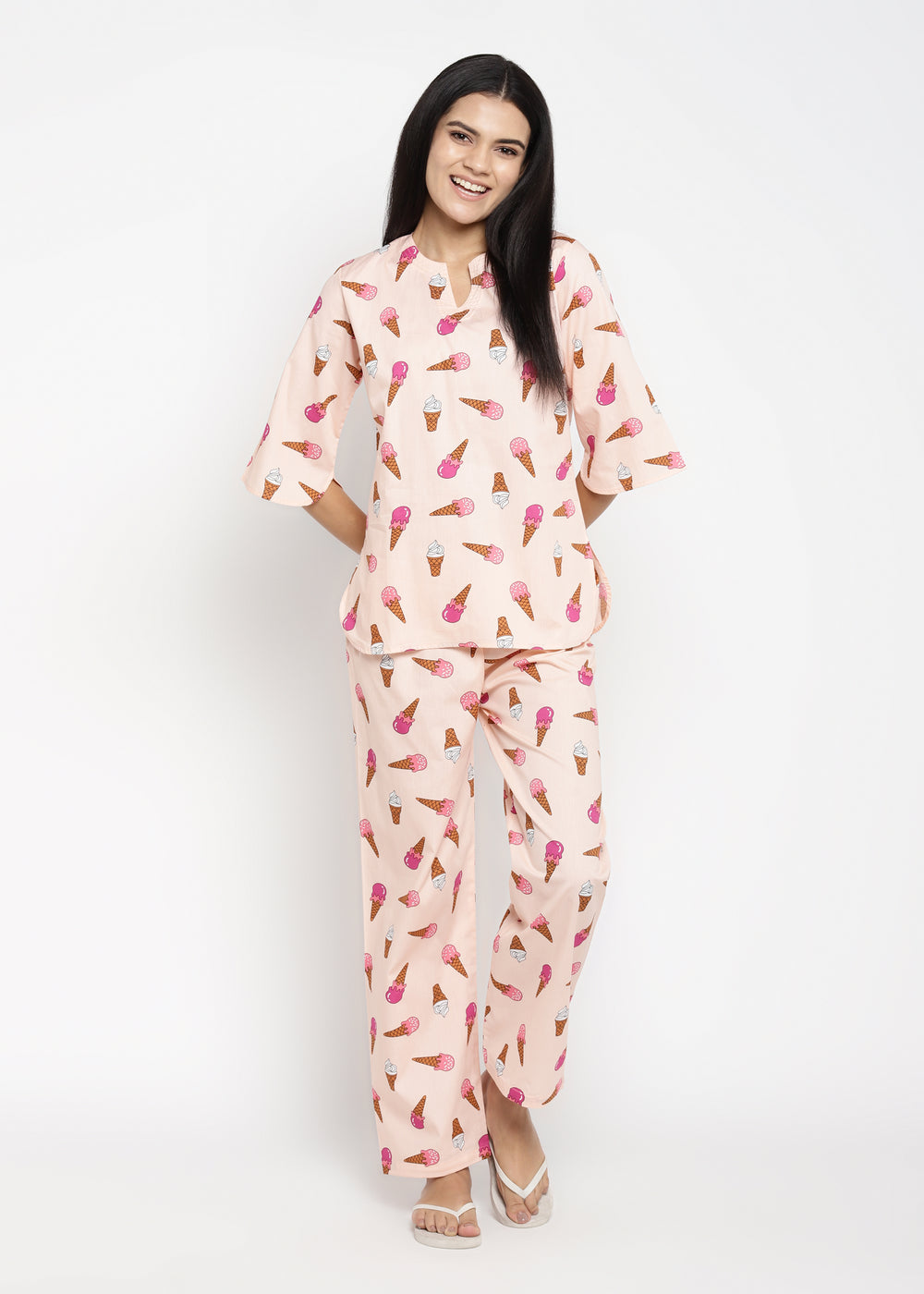 Ice Cream You Scream Print V Neck Women's Night Suit - Shopbloom