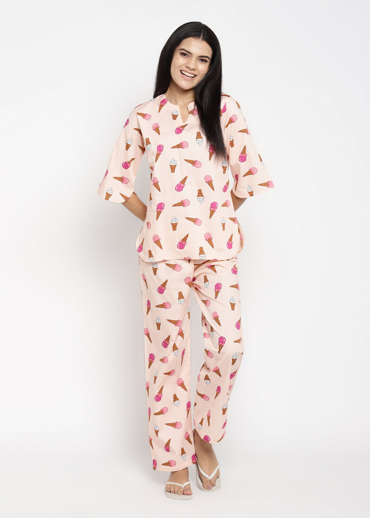 Ice Cream You Scream Print V Neck Women's Night Suit - Shopbloom