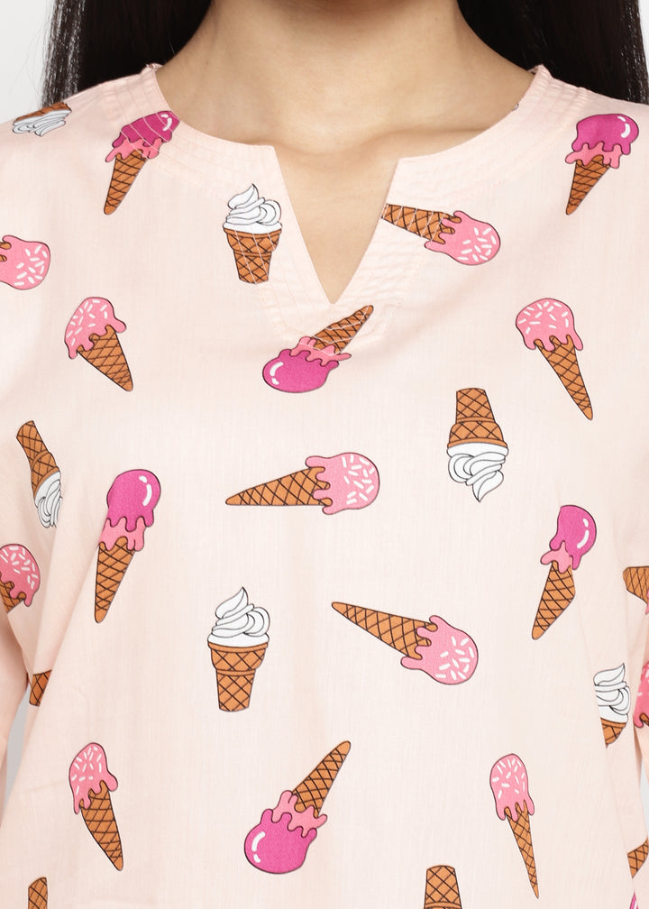 Ice Cream You Scream Print V Neck Women's Night Suit - Shopbloom