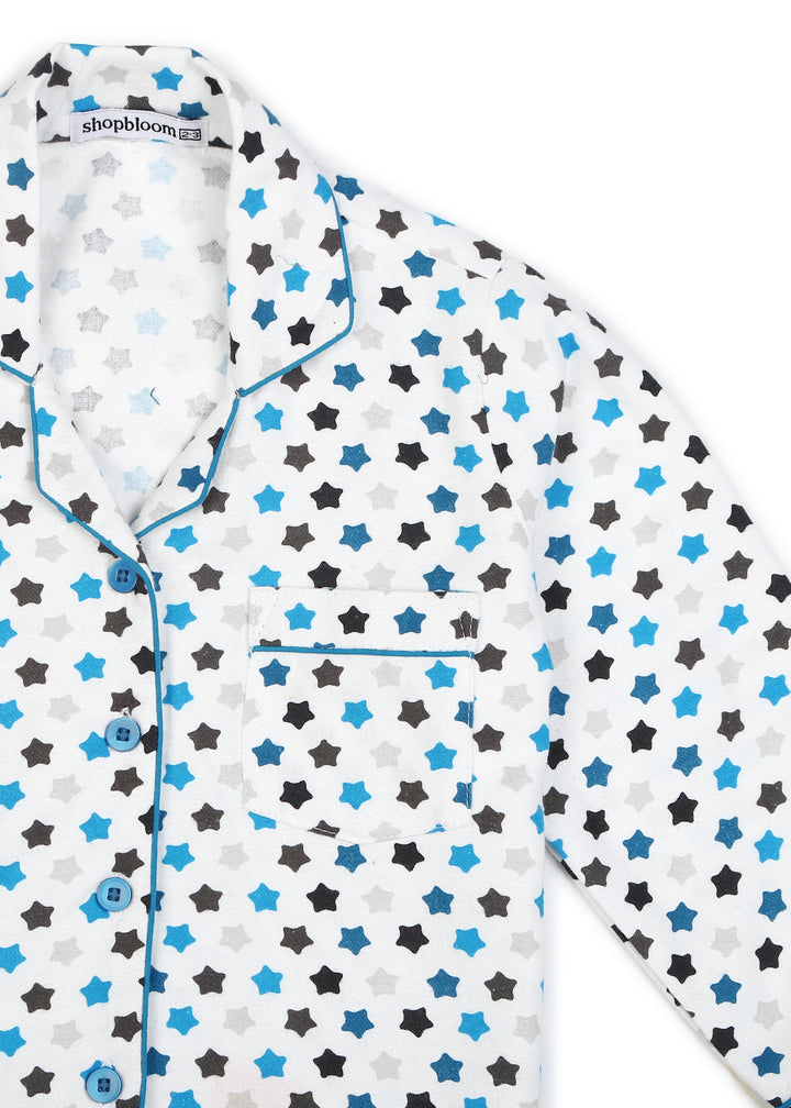 Star Print Cotton Flannel Long Sleeve Kid's Night Suit - Shopbloom