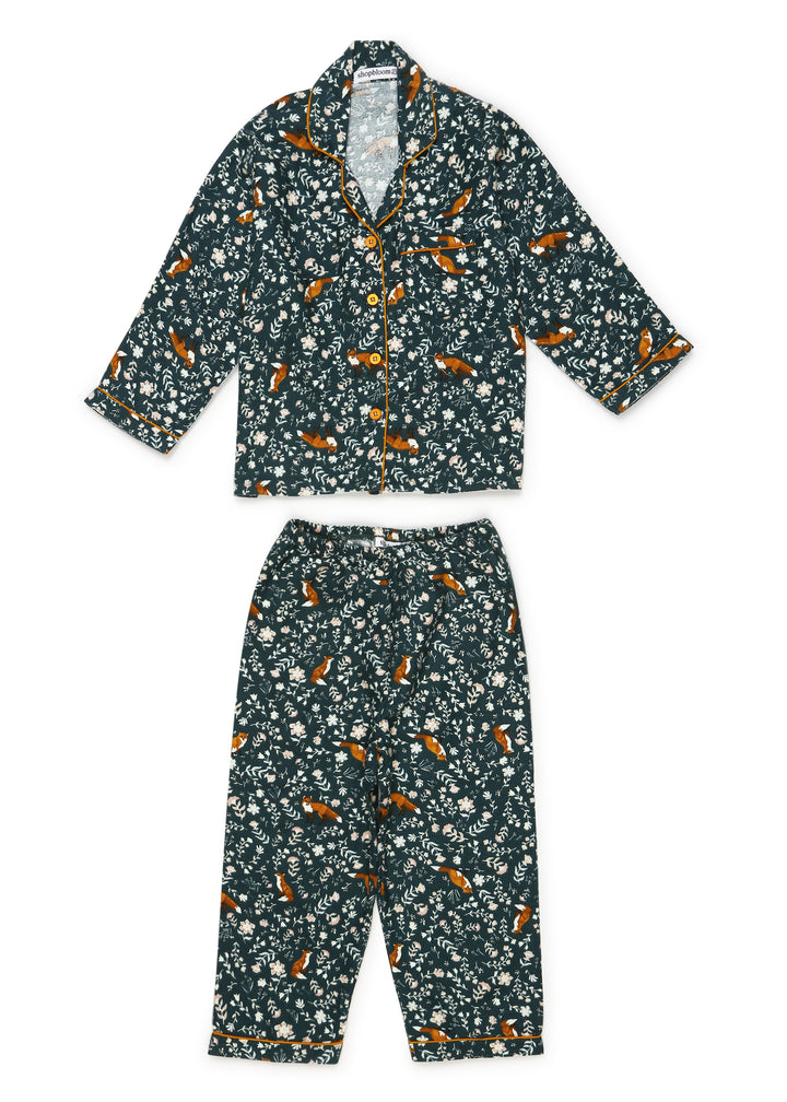 Fox Print Cotton Flannel Long Sleeve Kid's Night Suit - Shopbloom