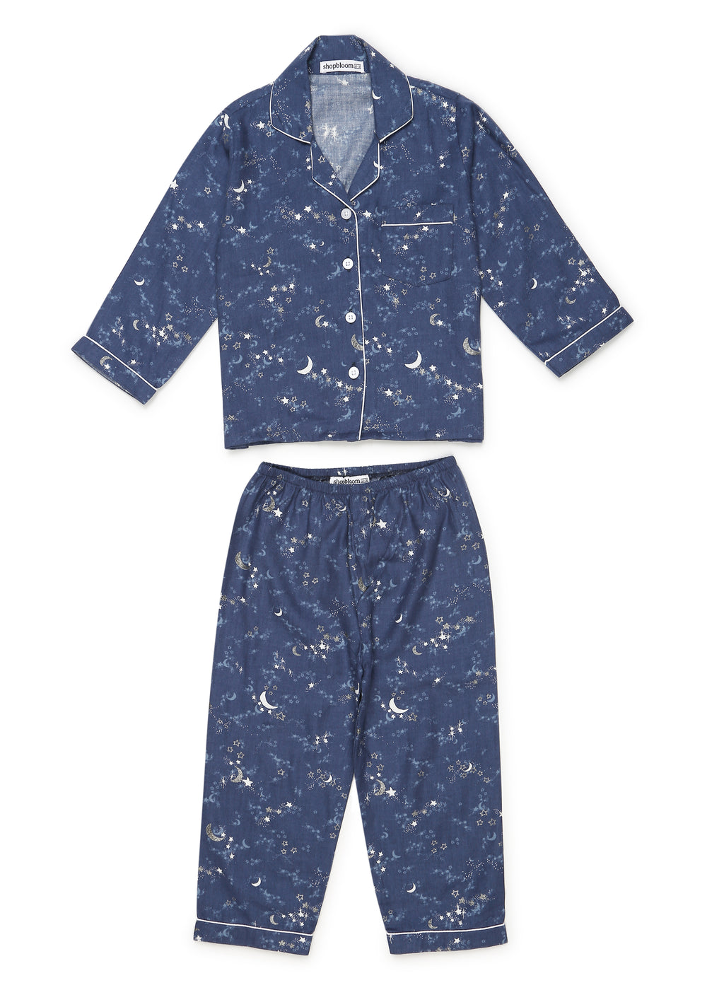 Blue Star and Moon Print Cotton Flannel Long Sleeve Kid's Night Suit - Shopbloom