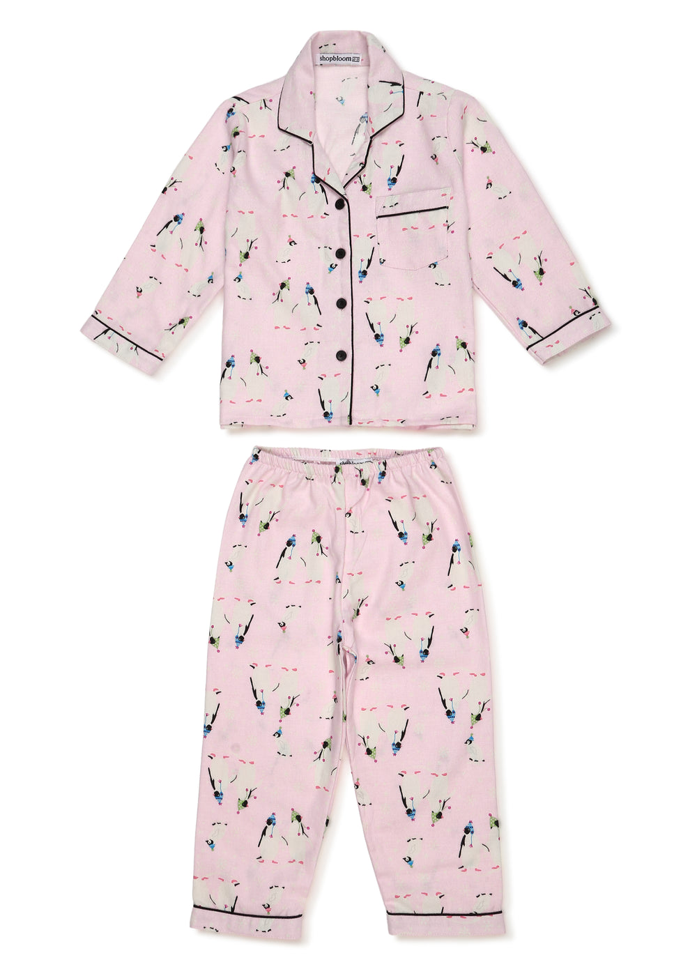 Light Pink Penguin Print Cotton Flannel Long Sleeve Kid's Night Suit - Shopbloom