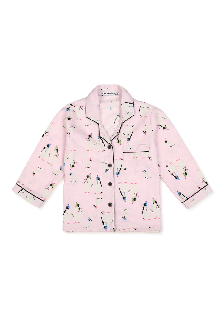 Light Pink Penguin Print Cotton Flannel Long Sleeve Kid's Night Suit - Shopbloom