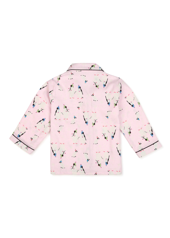 Light Pink Penguin Print Cotton Flannel Long Sleeve Kid's Night Suit - Shopbloom