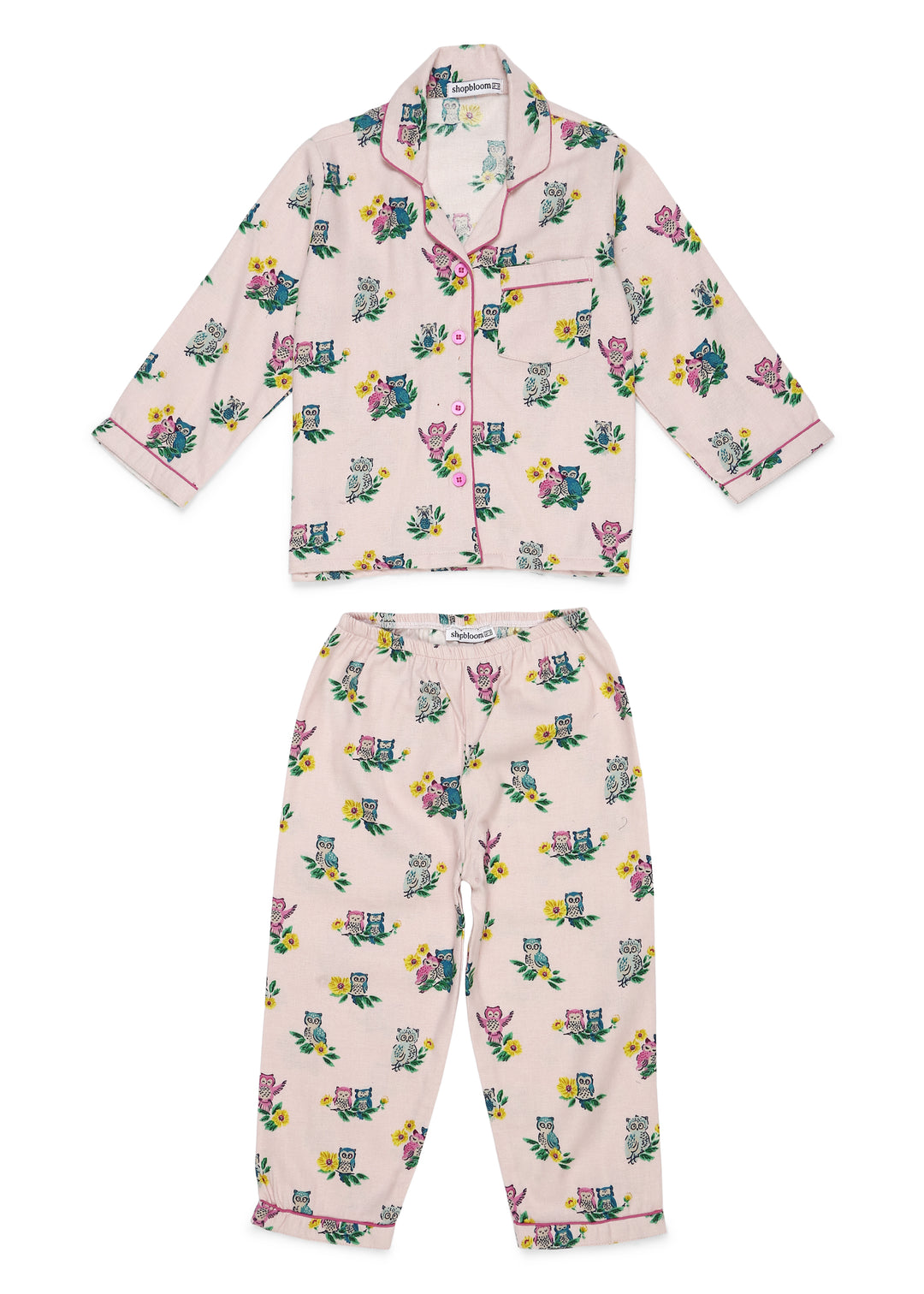 Sleepy Owl Print Cotton Flannel Long Sleeve Kid's Night Suit - Shopbloom