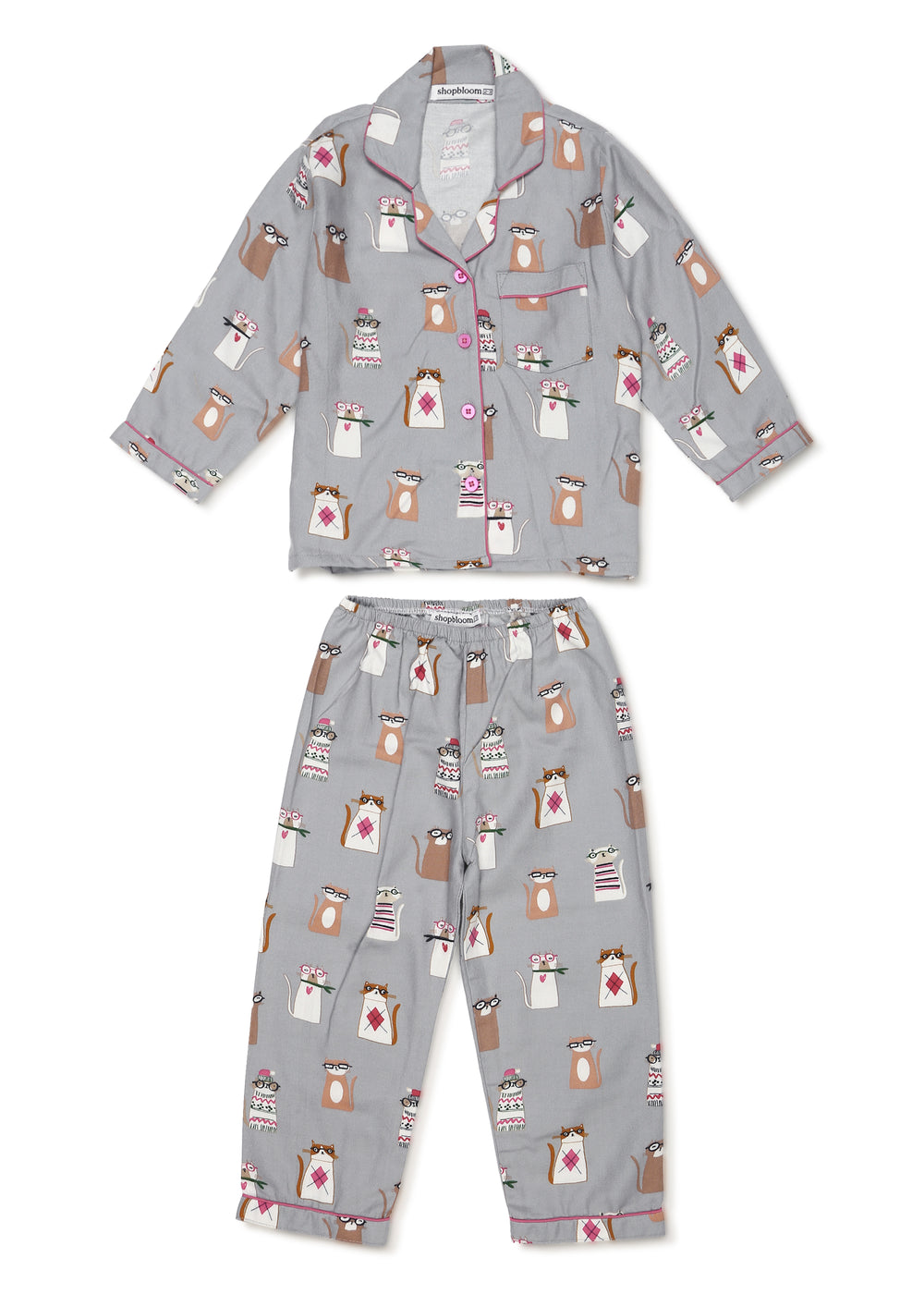 Kitty Print Cotton Flannel Long Sleeve Kid's Night Suit - Shopbloom