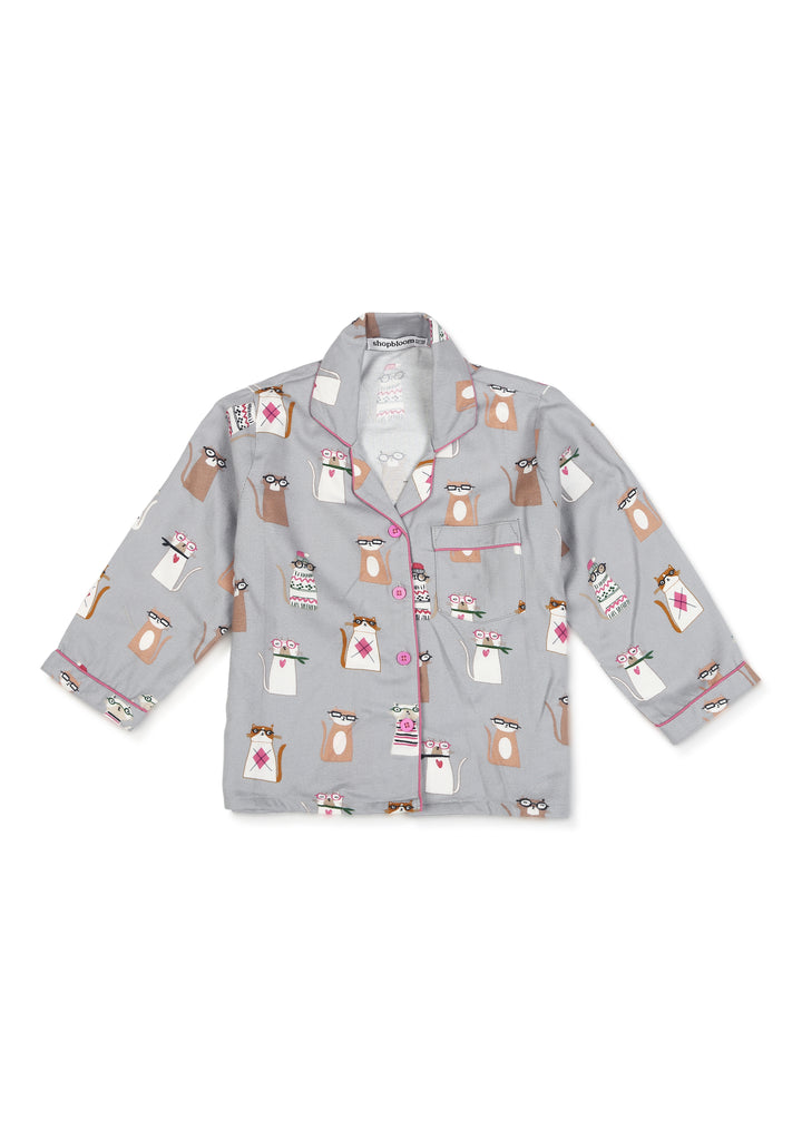 Kitty Print Cotton Flannel Long Sleeve Kid's Night Suit - Shopbloom