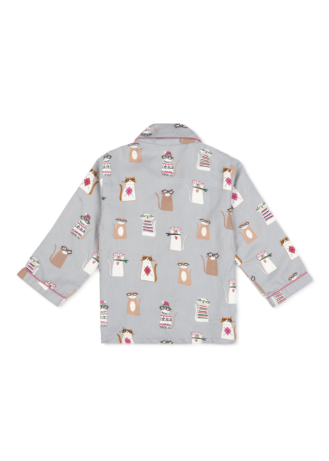 Kitty Print Cotton Flannel Long Sleeve Kid's Night Suit - Shopbloom