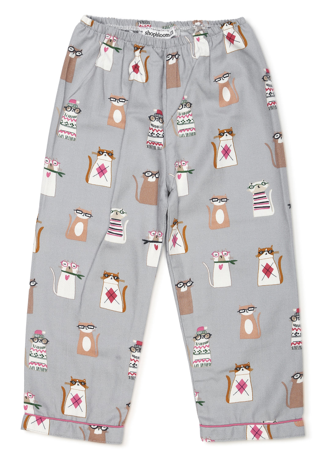 Kitty Print Cotton Flannel Long Sleeve Kid's Night Suit - Shopbloom