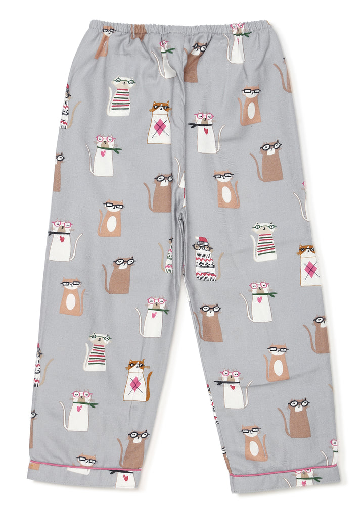 Kitty Print Cotton Flannel Long Sleeve Kid's Night Suit - Shopbloom