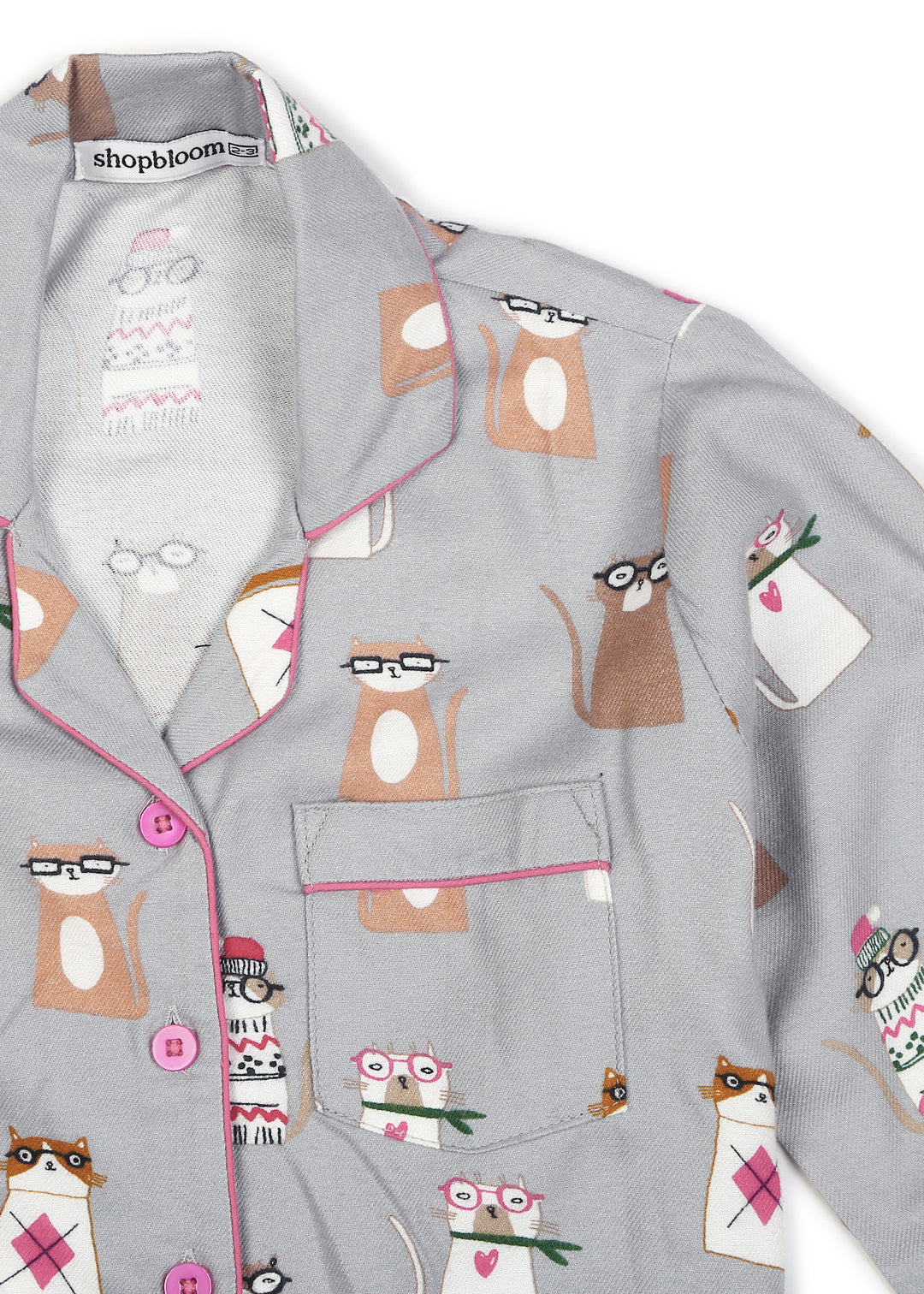 Kitty Print Cotton Flannel Long Sleeve Kid's Night Suit - Shopbloom