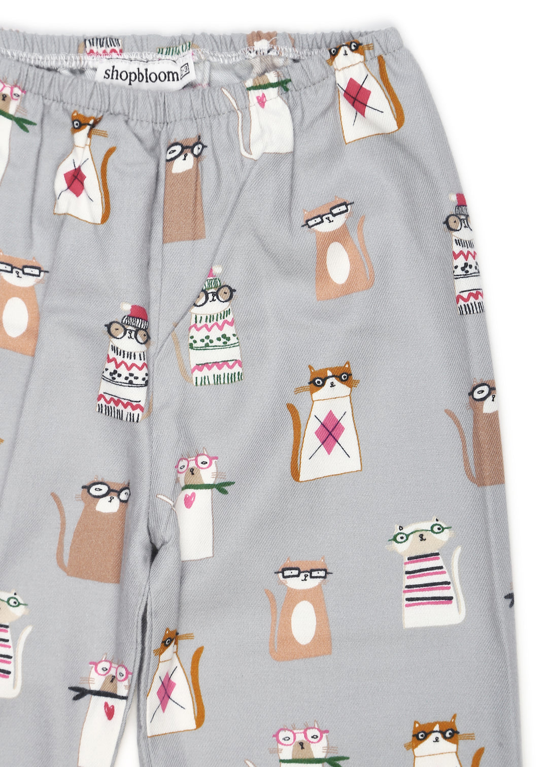 Kitty Print Cotton Flannel Long Sleeve Kid's Night Suit - Shopbloom