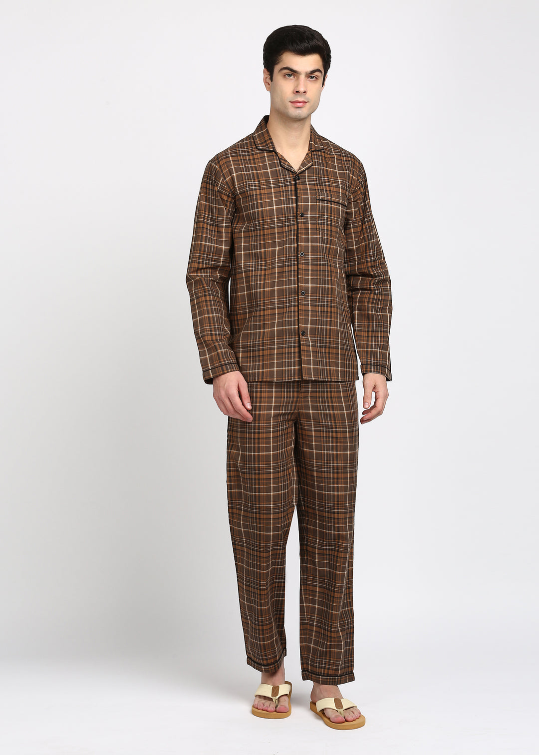 Brown and Black Checkered Long Sleeve Men's Night Suit - Shopbloom