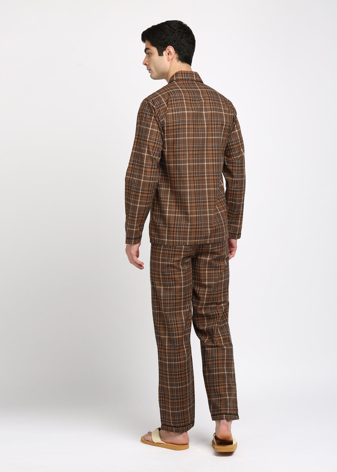 Brown and Black Checkered Long Sleeve Men's Night Suit - Shopbloom