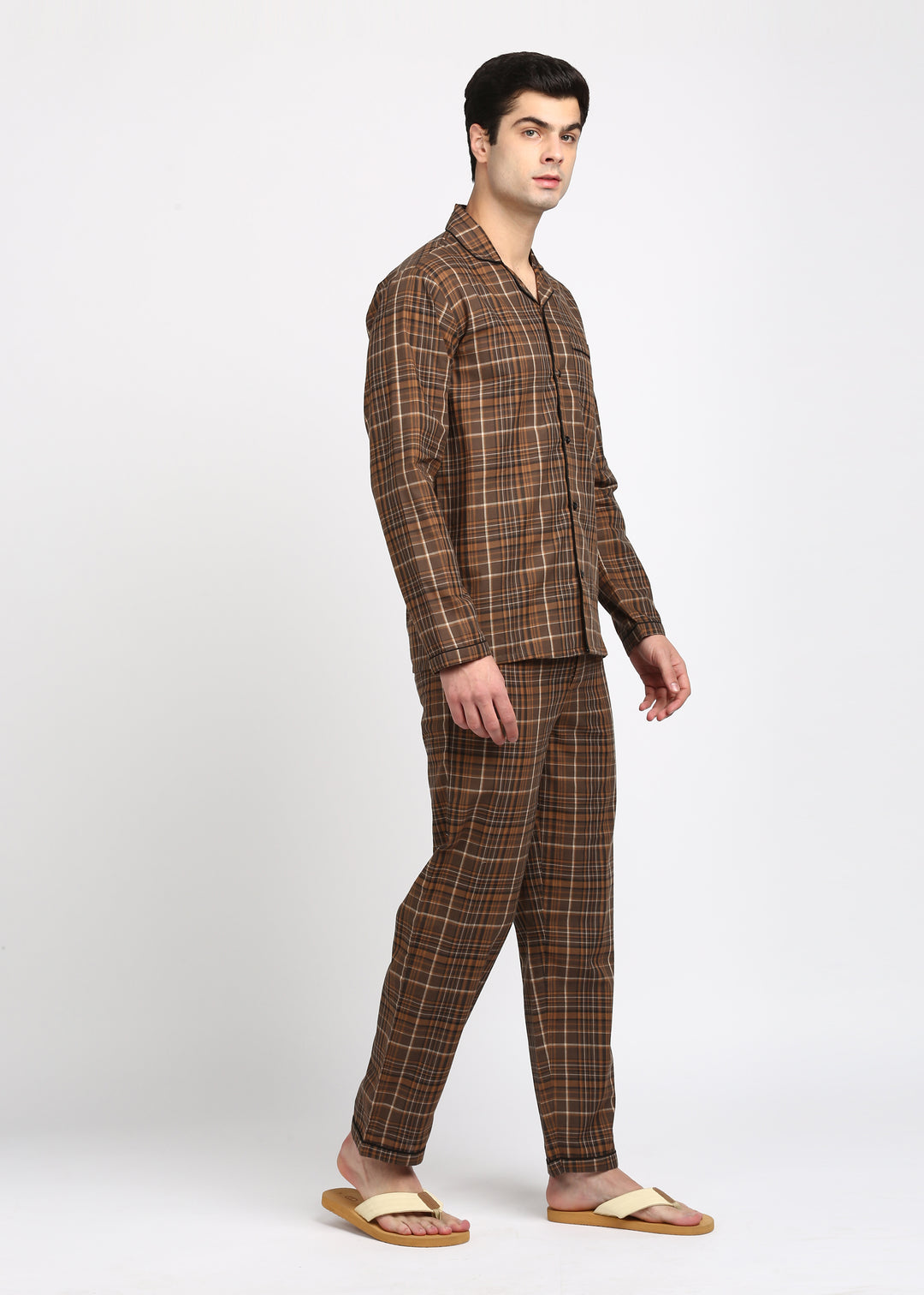 Brown and Black Checkered Long Sleeve Men's Night Suit - Shopbloom