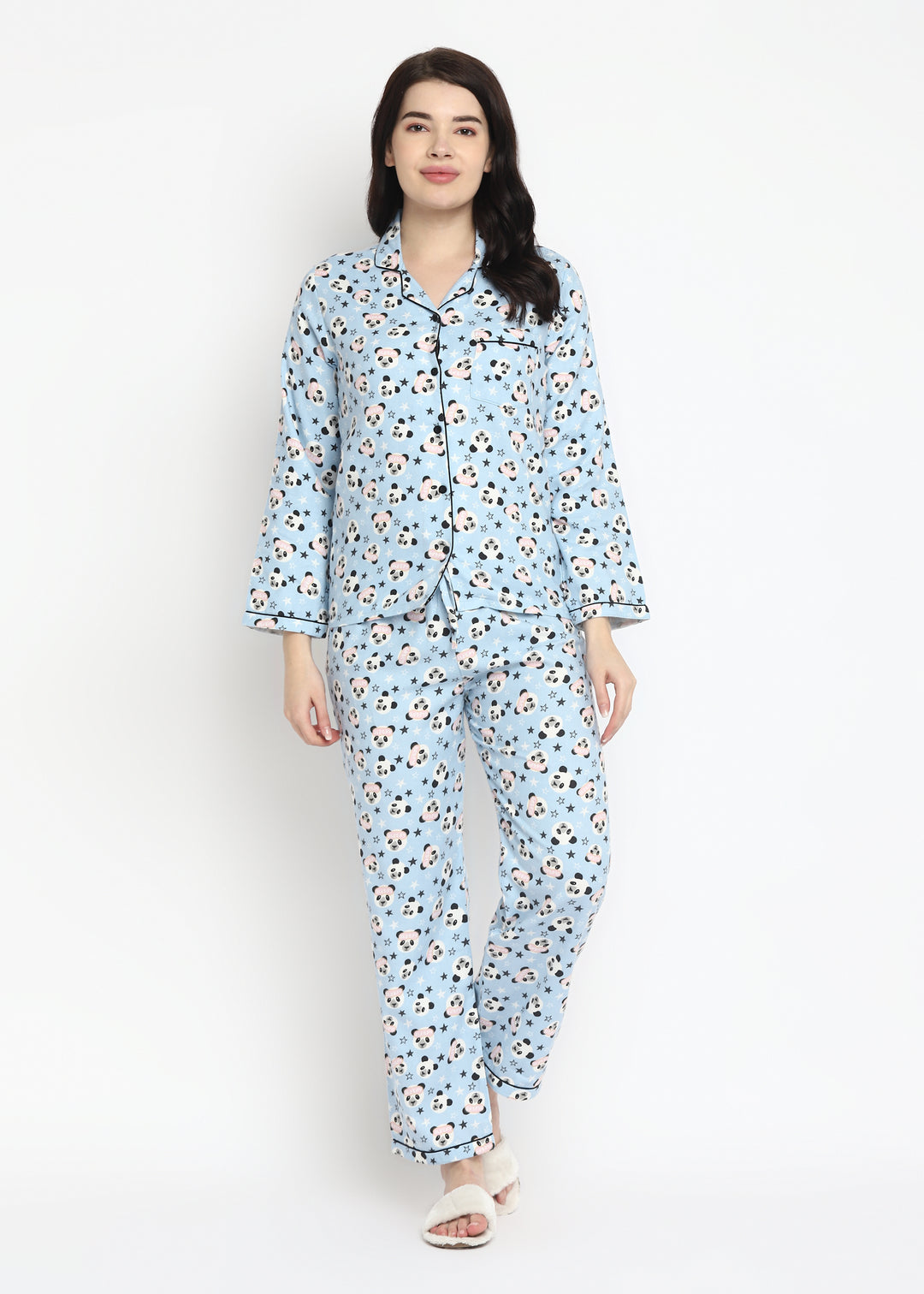 Sleepy Panda Print Cotton Flannel Long Sleeve Women's Night Suit - Shopbloom