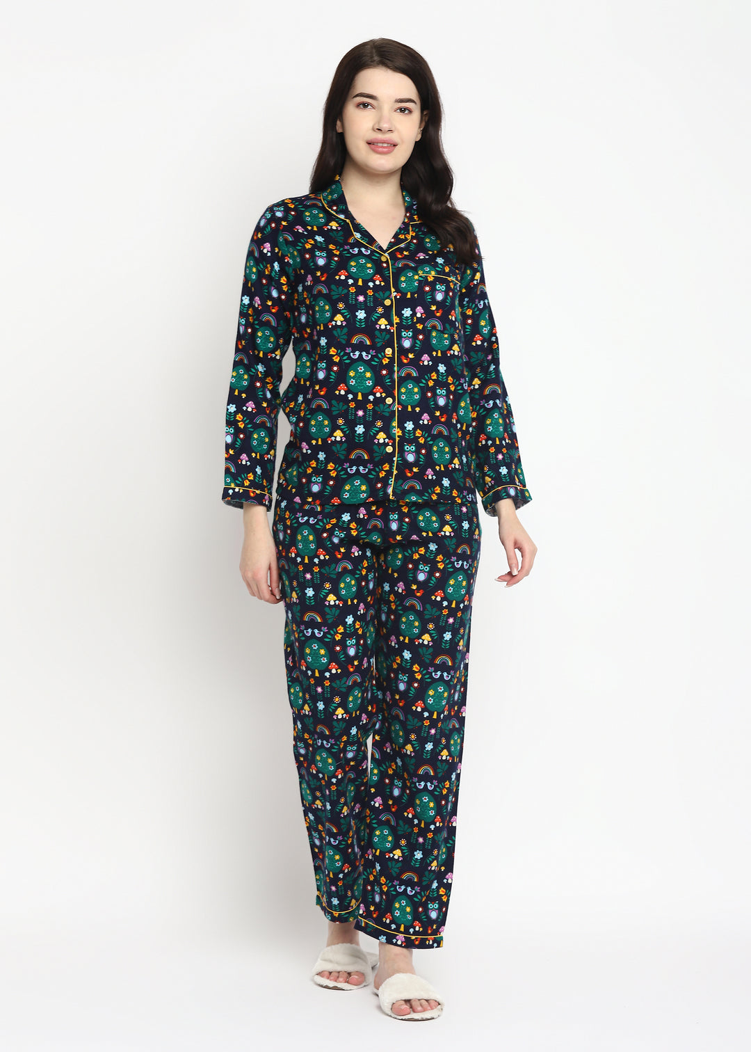 Rainbow Print Cotton Flannel Long Sleeve Women's Night Suit - Shopbloom