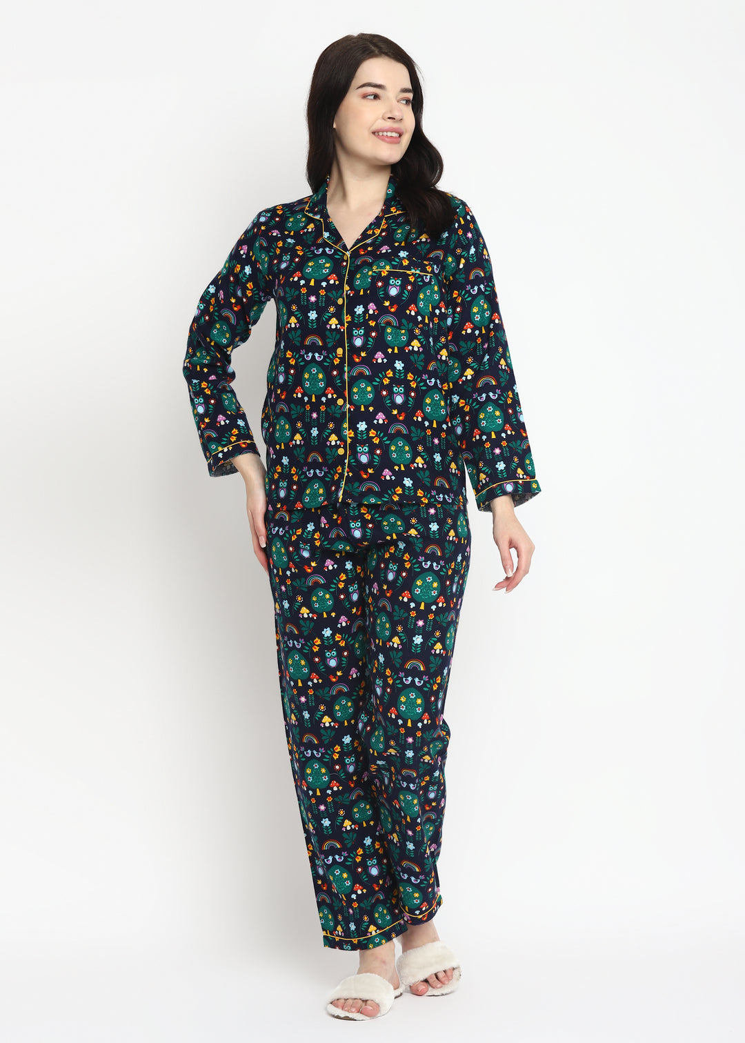 Rainbow Print Cotton Flannel Long Sleeve Women's Night Suit - Shopbloom