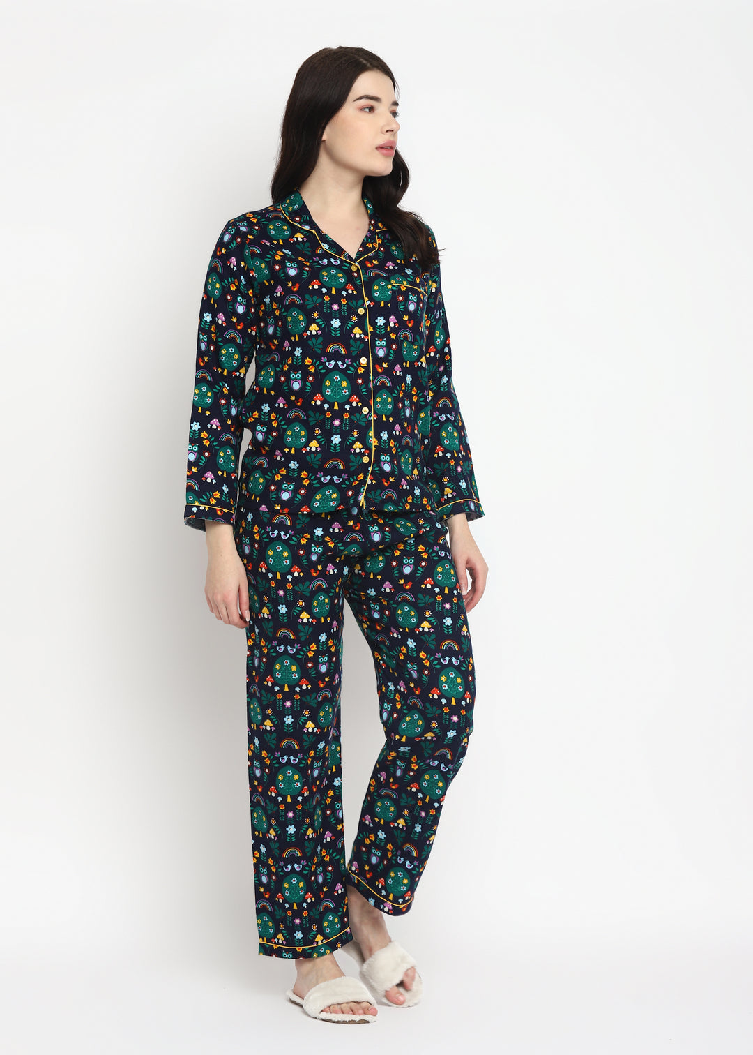 Rainbow Print Cotton Flannel Long Sleeve Women's Night Suit - Shopbloom