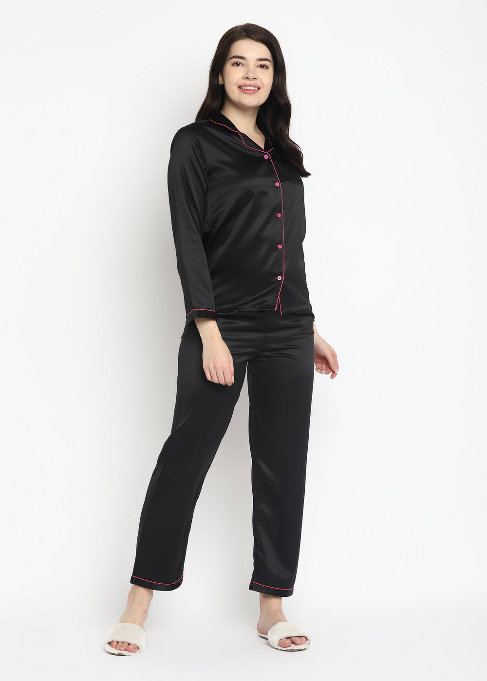 Black Satin Long Sleeve Women's Night Suit - Shopbloom