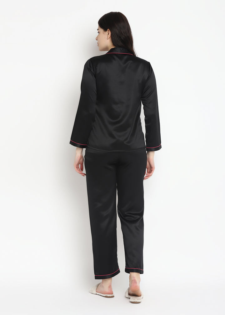 Black Satin Long Sleeve Women's Night Suit - Shopbloom