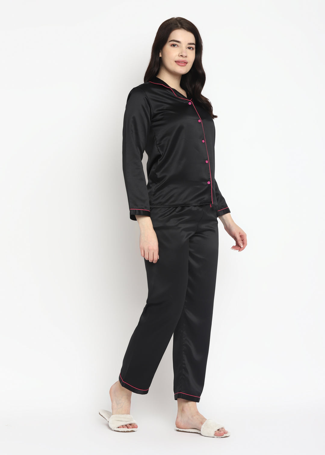 Black Satin Long Sleeve Women's Night Suit - Shopbloom