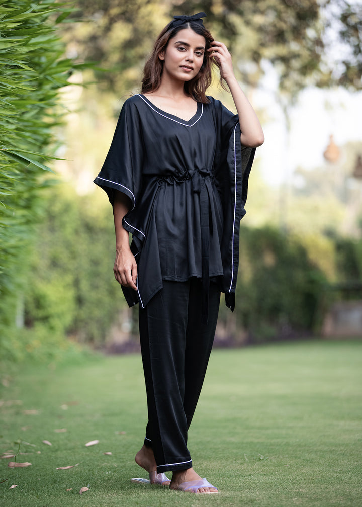 Ultra Soft Black Modal Satin Women's Kaftan Night Suit - Shopbloom