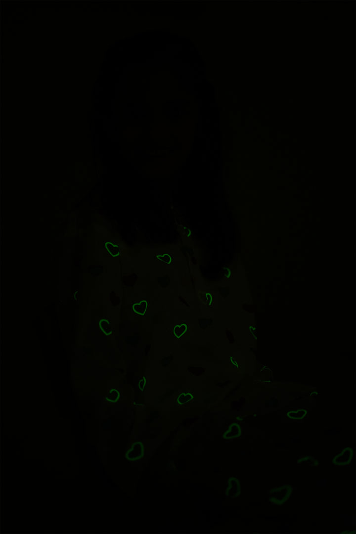 Hearts Glow In The Dark Print Round Neck Long Sleeve Kids Night Suit