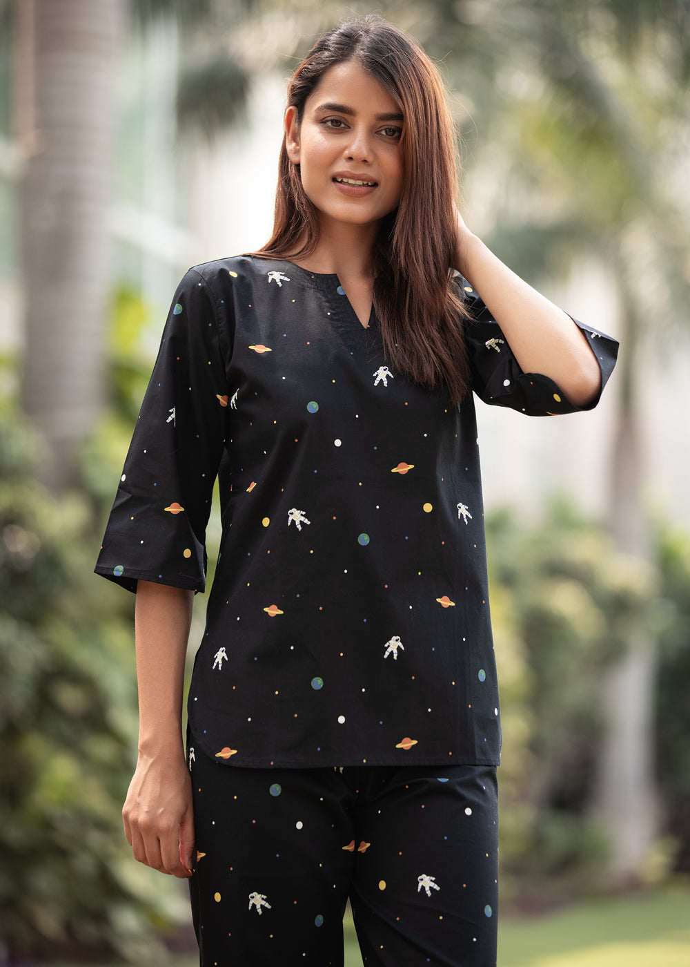 Space Print V Neck Women's Night Suit - Shopbloom